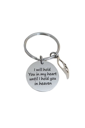 I Will Hold You in My Heart, Until I Hold You in Heaven" Stainless Steel Disc Charm with Angel Wing Charm on a Keyring Memorial Gift