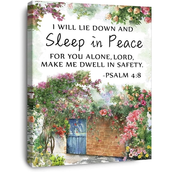 I Will Lie Down And Sleep in Peace Psalm 4:8 Canvas Wall Art,Bible Verse Scripture Canvas Painting Prints for Christian Home Bedroom Office Church Religious Wall Decor