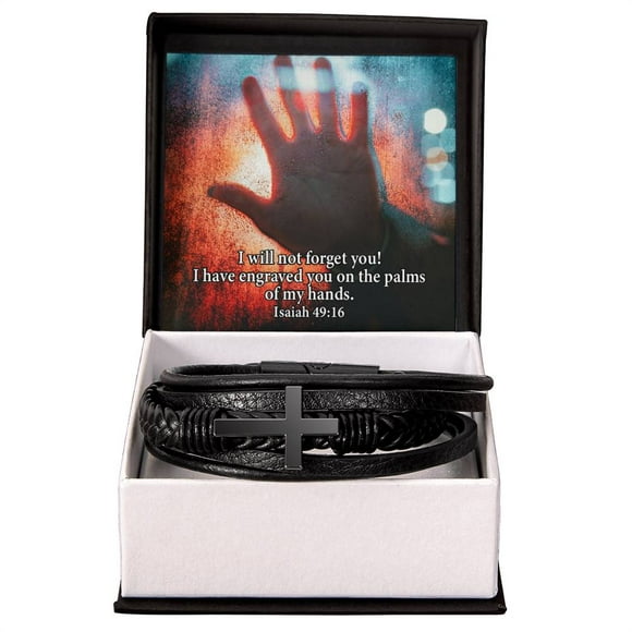 I Will Not Forget You Isaiah 49:16 Men's Stainless Steel & Vegan Leather Cross Bracelet - Vegan Leather with Stainless Steel