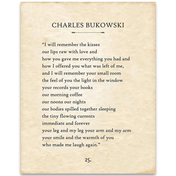 I Will Remember the Kisses Charles Bukowski Poem Poster- Romantic Love Poetry Quote, for Bedroom, Anniversary, Wedding, Valentine's Day Gift for Couples poster