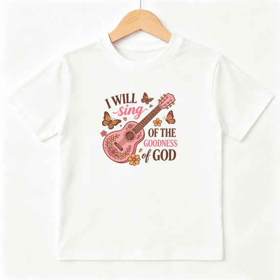 I Will Sing Girls Graphic Tee, Retro Guitar Flower Christian 100% Cotton Kids Short Sleeve T-Shirt