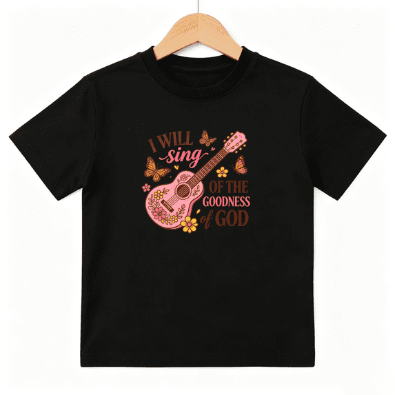 I Will Sing Girls Graphic Tee, Retro Guitar Flower Christian 100% Cotton Kids Short Sleeve T-Shirt