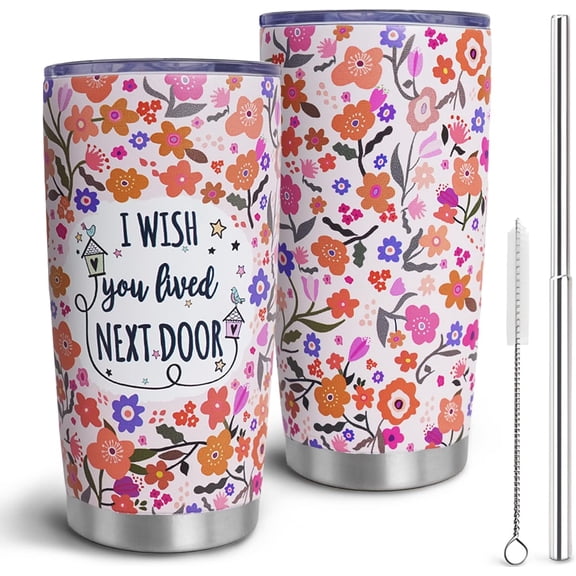 I Wish You Lived Next Door Gift for Best Friend - 20oz Vacuum Insulated Stainless Steel Tumbler with Lid & Straw, Boho Style Long Distance Friendship Gifts for Women