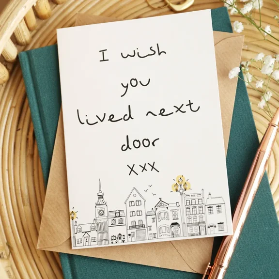 I Wish You Lived Next Door Greeting Card Charming Hand-Drawn Design with Envelopes Perfect for Friends, Neighbors, or Loved Ones