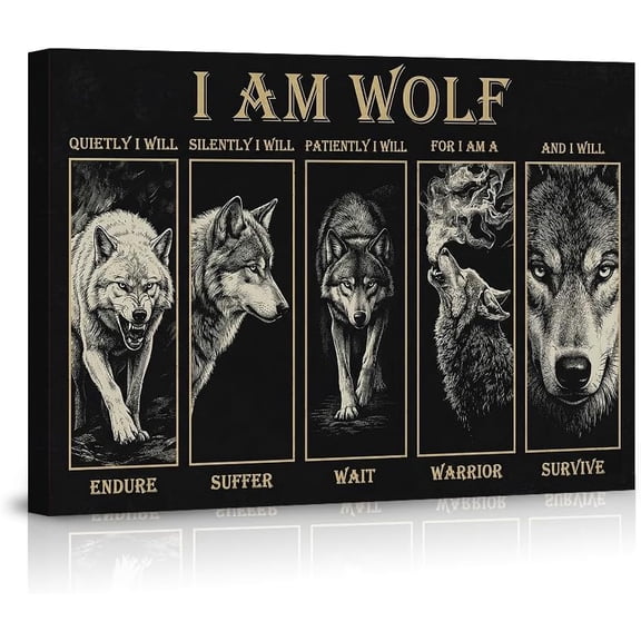 I Am Wolf Canvas Wall Art Motivational Poster. Inspirational Resilience Strength Survival Warrior Wolf Artwork Black White Home Office Decor for Men Women