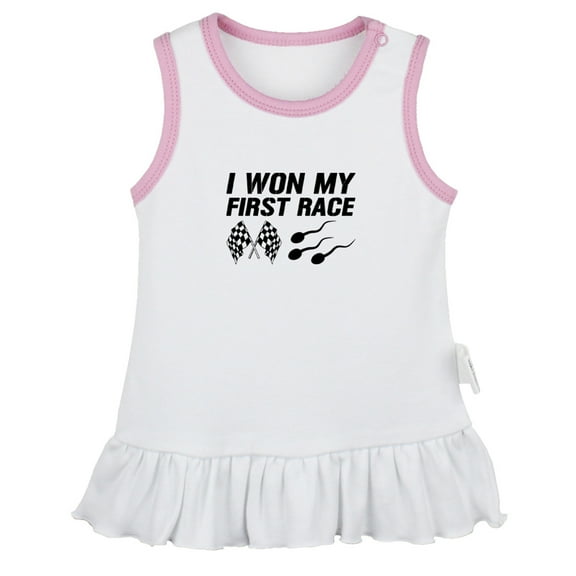 I Won My First Race Funny Dresses For Baby, Newborn Babies Skirts, Infant Princess Dress, 0-24M Kids Graphic Clothes (White Sleeveless Dresses, 0-6 Months)