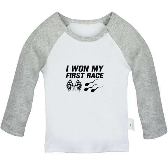 I Won My First Race Funny T shirt For Baby, Newborn Babies T-shirts, Infant Tops, 0-24M Kids Graphic Tees Clothing (Long Gray Raglan T-shirt, 12-18 Months)