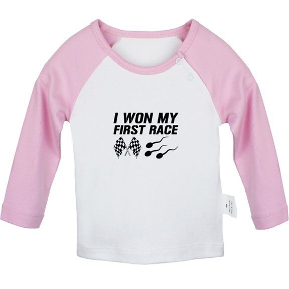 I Won My First Race Funny T shirt For Baby, Newborn Babies T-shirts, Infant Tops, 0-24M Kids Graphic Tees Clothing (Long Pink Raglan T-shirt, 12-18 Months)