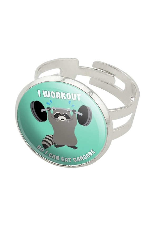 I Workout So I Can Eat Garbage Raccoon Trash Panda Funny Silver Plated Adjustable Novelty Ring