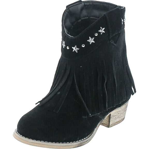I YOKIDS CECE-65K Girl's Modern Studded Fringe Cowboy Chunky Ankle Bootie