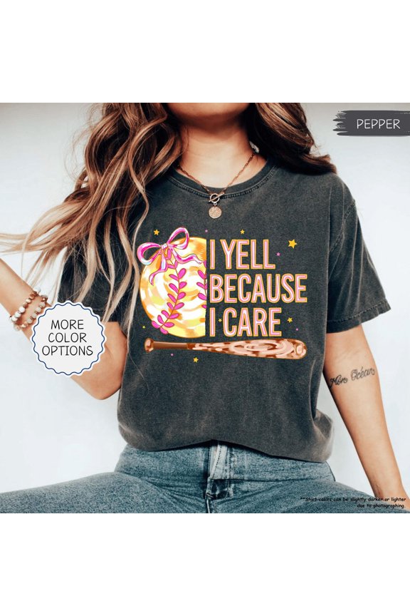 I Yell Because I Care Coquette Bow Game Day Sports Mom T-Shirt