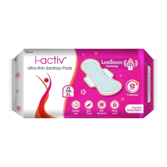 I activ Ultra Thin Sanitary Pads for Women XL | 40 Pads | Anti-Rash Anti-Bacterial Cottony Soft Sanitary Napkins | No Nasties | Upto 12 Hours Heavy Flow Leak Protection | Soft Hydrophobic Wings