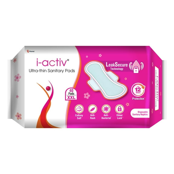 I activ Ultra Thin Sanitary Pads for Women XXL | 40 Pads | Anti-Rash Anti-Bacterial Cottony Soft Sanitary Napkins | No Nasties | Upto 12 Hours Heavy Flow Leak Protection | Soft Hydrophobic Wings