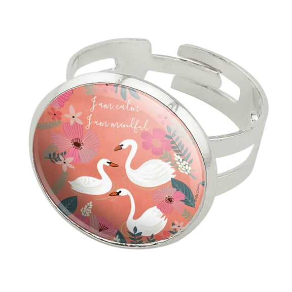 I am Calm I am Mindful Swans Flowers Silver Plated Adjustable Novelty Ring