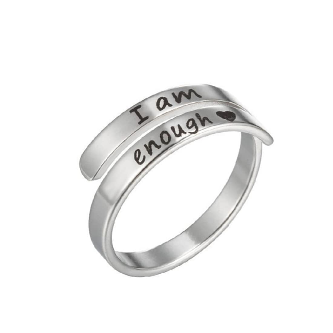 I am Enough Ring Stainless Steel Inspirational Mantra Statement Open Adjustable Graduation Cocktail Party Ring silver