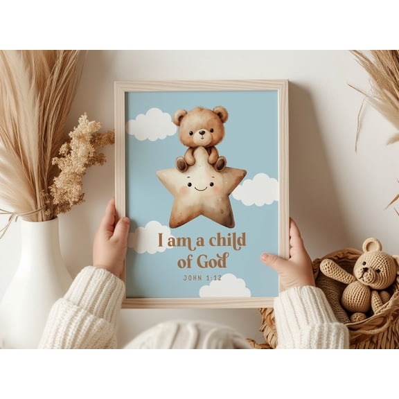 I am a Child of God Wall Art Poster Boho Christian Nursery Teddy Bear Wall Decor, Unframed Canvas 24x36in
