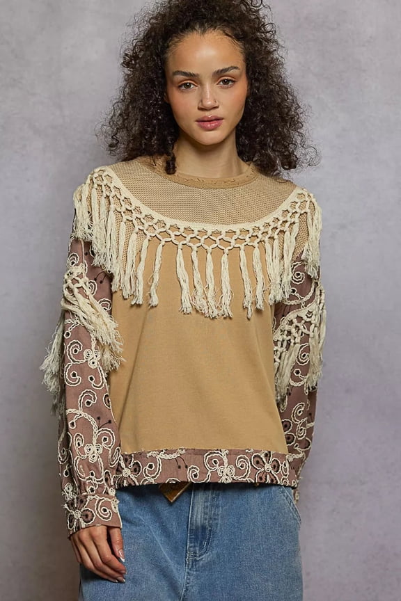 Contrast Floral Embroidery Balloon Sleeve Top with Tassel Trim - MOCHA CAKE - M