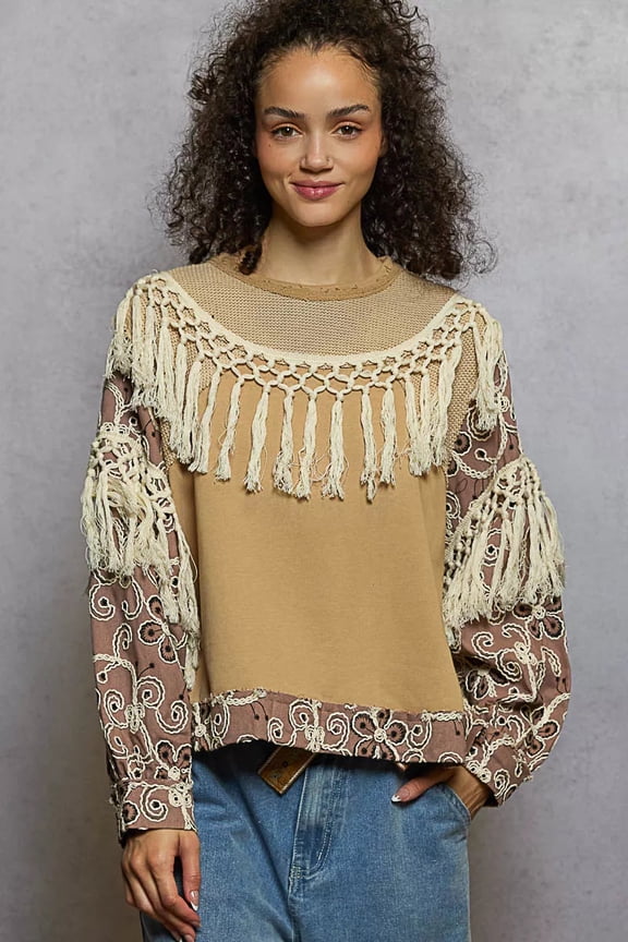 Contrast Floral Embroidery Balloon Sleeve Top with Tassel Trim - MOCHA CAKE - S