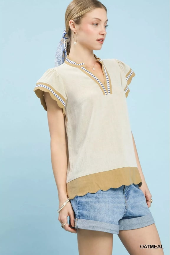 Contrast Scallop Trim Top - OATMEAL - L