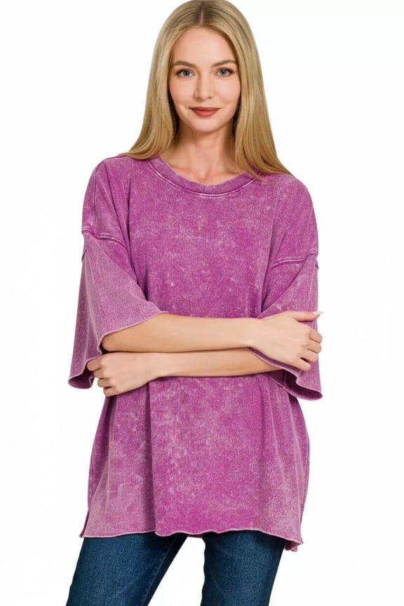 French Terry Washed Drop Shoulder Short Sleeve Top - LT PLUM - L/XL