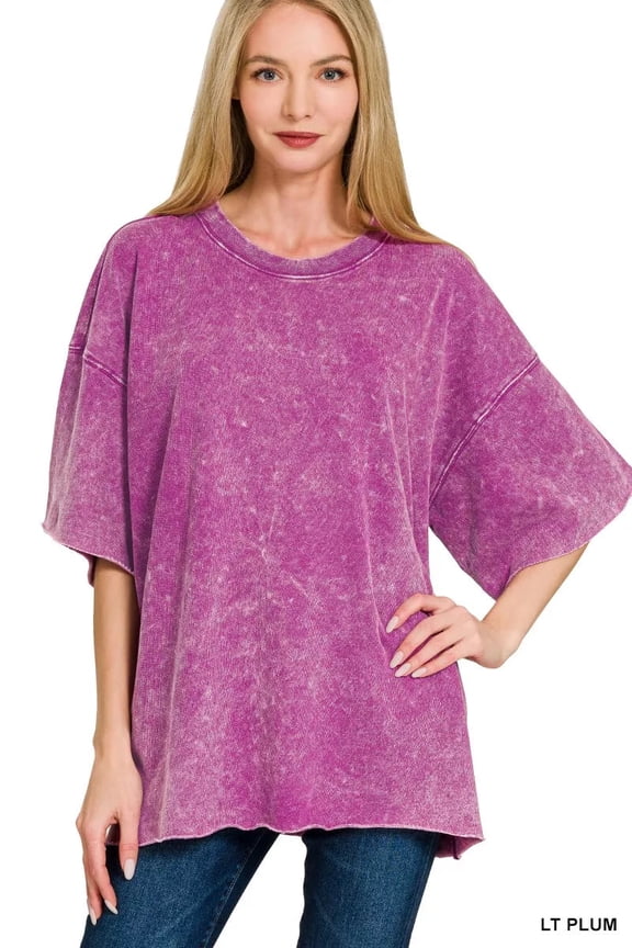 French Terry Washed Drop Shoulder Short Sleeve Top - LT PLUM - S/M