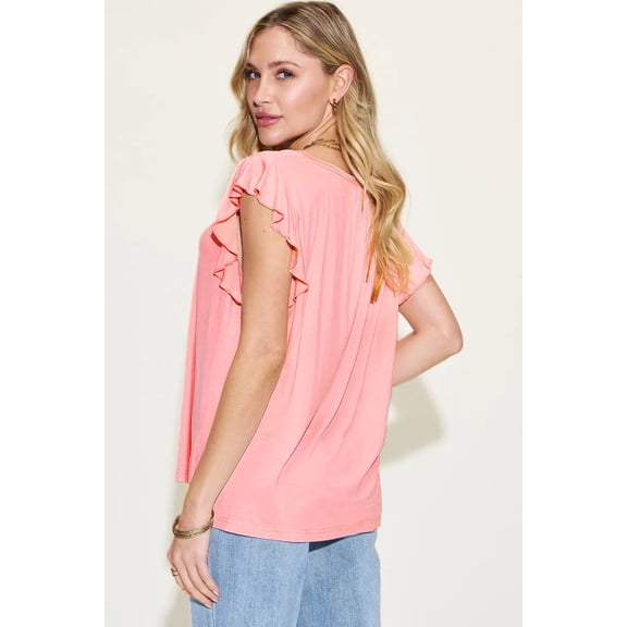 I am a Fashion Junky Full Size Bamboo Notched Ruffled Short Sleeve T-Shirt - Blush Pink - L