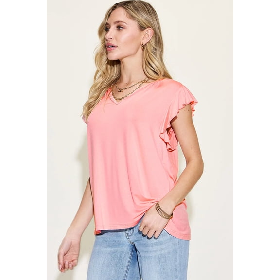 I am a Fashion Junky Full Size Bamboo Notched Ruffled Short Sleeve T-Shirt - Blush Pink - M