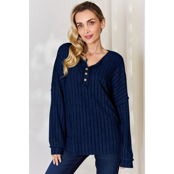 I am a Fashion Junky Full Size Ribbed Half Button Long Sleeve T-Shirt - Dark Blue - M