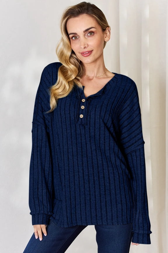 Full Size Ribbed Half Button Long Sleeve T-Shirt - Dark Blue - M
