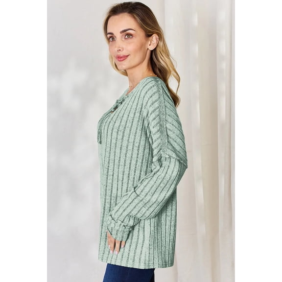 I am a Fashion Junky Full Size Ribbed Half Button Long Sleeve T-Shirt - Light Green - M