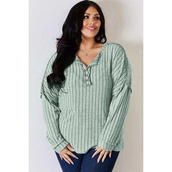 I am a Fashion Junky Full Size Ribbed Half Button Long Sleeve T-Shirt - Light Green - S
