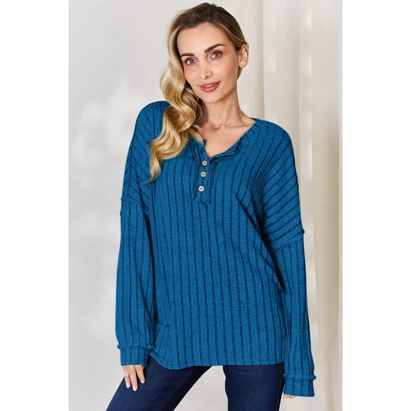 I am a Fashion Junky Full Size Ribbed Half Button Long Sleeve T-Shirt - Sky Blue - S
