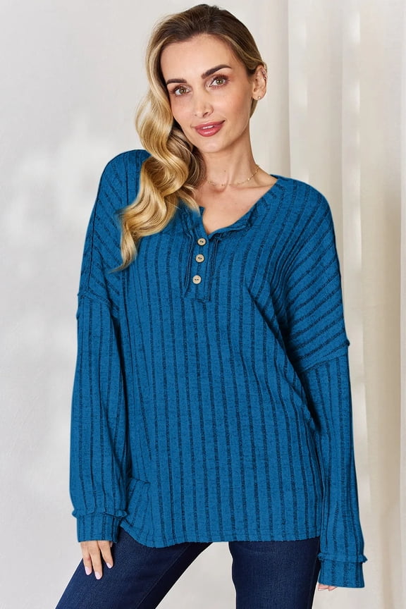 Full Size Ribbed Half Button Long Sleeve T-Shirt - Sky Blue - S