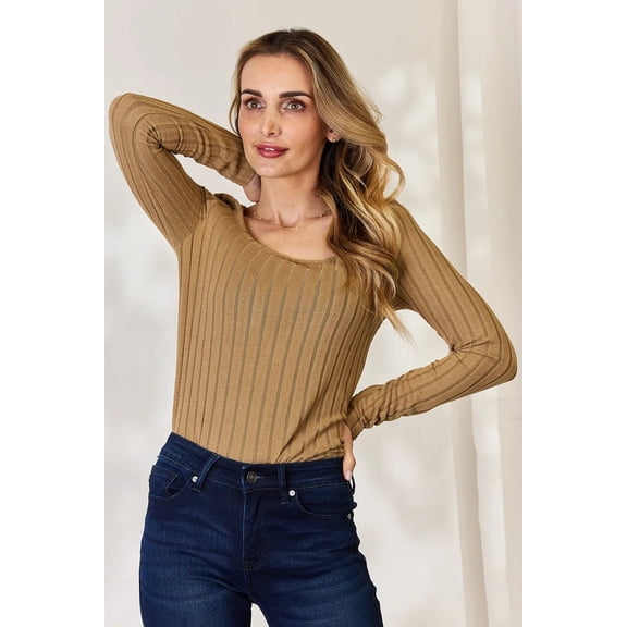 I am a Fashion Junky Full Size Ribbed Long Sleeve T-Shirt - Khaki - L