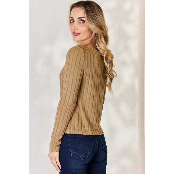 I am a Fashion Junky Full Size Ribbed Long Sleeve T-Shirt - Khaki - M