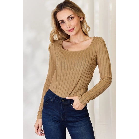 I am a Fashion Junky Full Size Ribbed Long Sleeve T-Shirt - Khaki - S