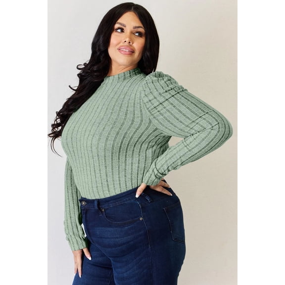 I am a Fashion Junky Full Size Ribbed Mock Neck Puff Sleeve T-Shirt - Khaki - M