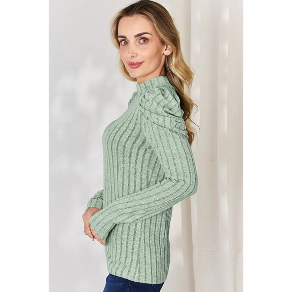I am a Fashion Junky Full Size Ribbed Mock Neck Puff Sleeve T-Shirt - Light Green - 3XL