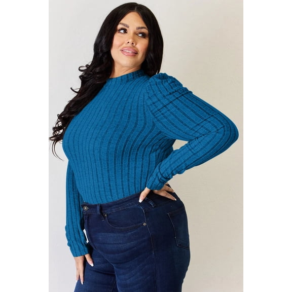I am a Fashion Junky Full Size Ribbed Mock Neck Puff Sleeve T-Shirt - Light Green - S