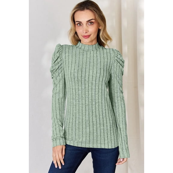 I am a Fashion Junky Full Size Ribbed Mock Neck Puff Sleeve T-Shirt - Light Green - XL