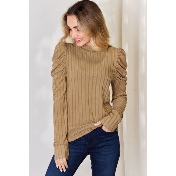 I am a Fashion Junky Full Size Ribbed Mock Neck Puff Sleeve T-Shirt - Pink - S