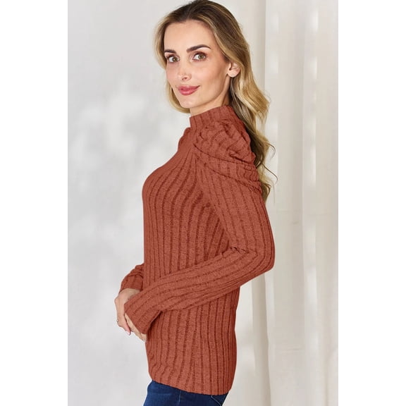 I am a Fashion Junky Full Size Ribbed Mock Neck Puff Sleeve T-Shirt - Rust - L