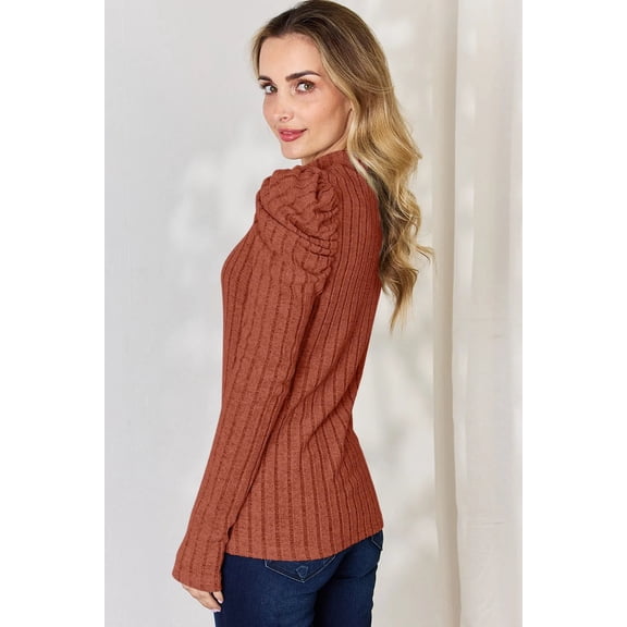 I am a Fashion Junky Full Size Ribbed Mock Neck Puff Sleeve T-Shirt - Rust - M
