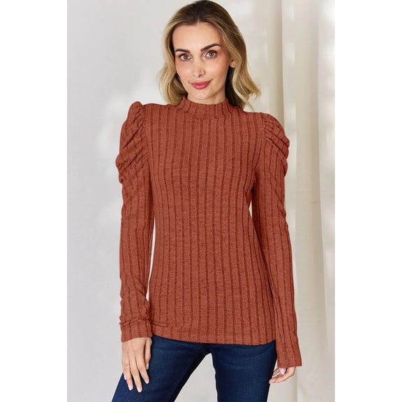 I am a Fashion Junky Full Size Ribbed Mock Neck Puff Sleeve T-Shirt - Rust - S
