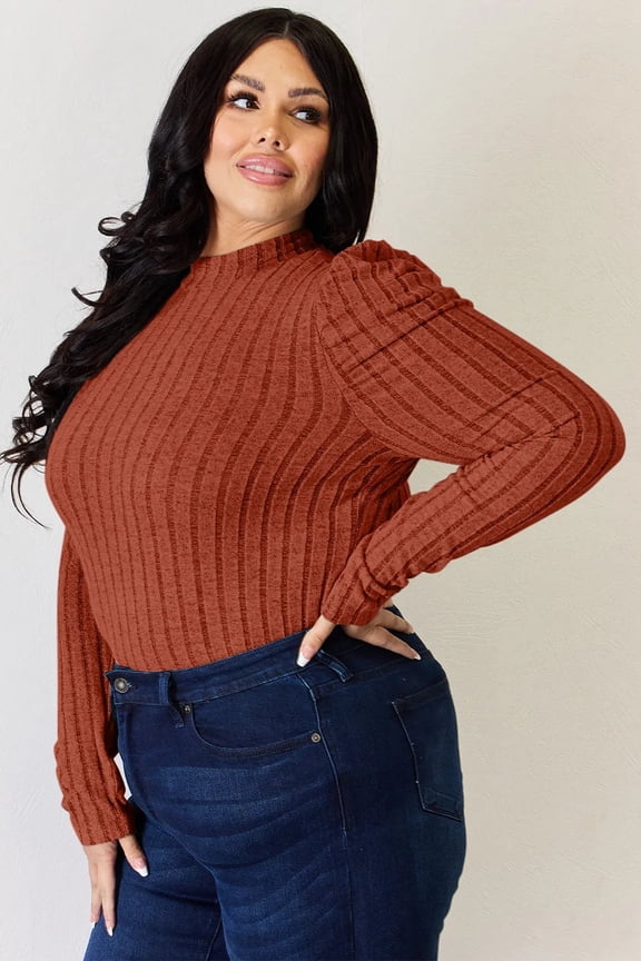 Full Size Ribbed Mock Neck Puff Sleeve T-Shirt - Rust - XL