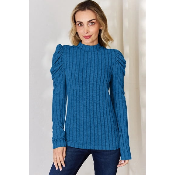 I am a Fashion Junky Full Size Ribbed Mock Neck Puff Sleeve T-Shirt - Sky Blue - M