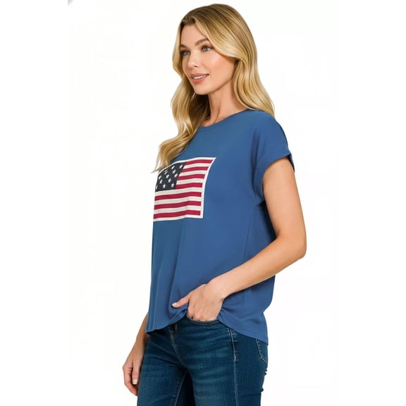 I am a Fashion Junky Full Size US Flag Round Neck Short Sleeve T-Shirt Plus Size - LT NAVY - L