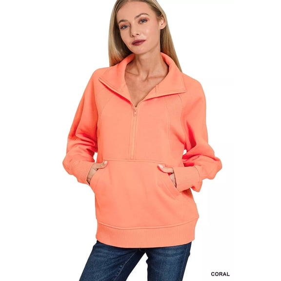 I am a Fashion Junky Half Zip Fleece Sweatshirt with kangaroo Pocket - CORAL - S
