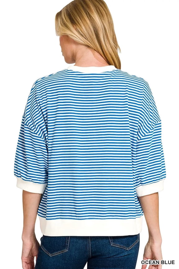 Striped Contrast Trim Banded Bottom Top - OCEAN BLUE - L