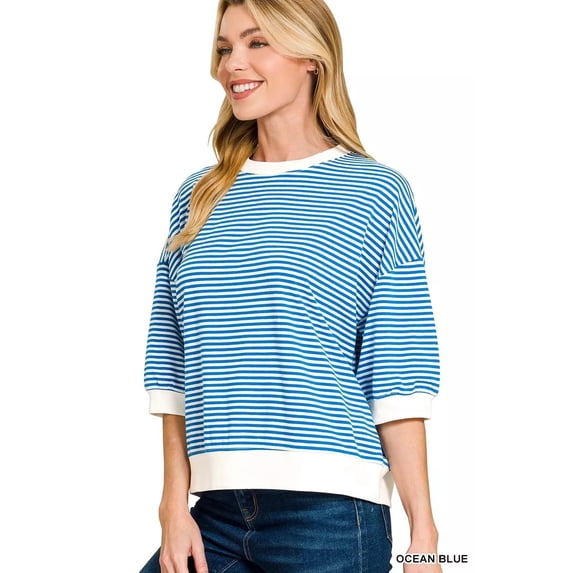 I am a Fashion Junky Striped Contrast Trim Banded Bottom Top - OCEAN BLUE - M